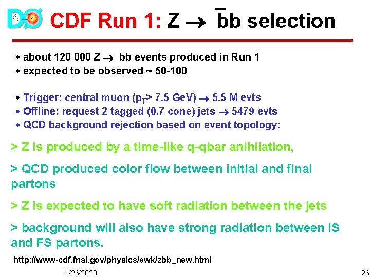CDF Run 1: Z bb selection · about 120 000 Z bb events produced