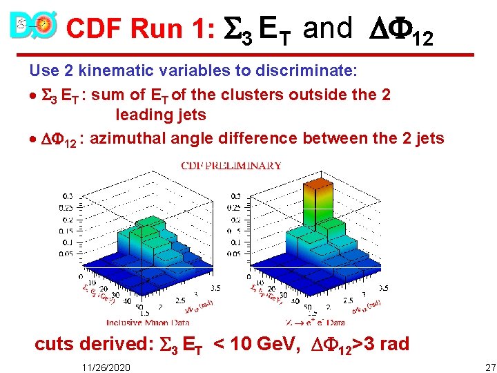 CDF Run 1: 3 ET and 12 Use 2 kinematic variables to discriminate: ·