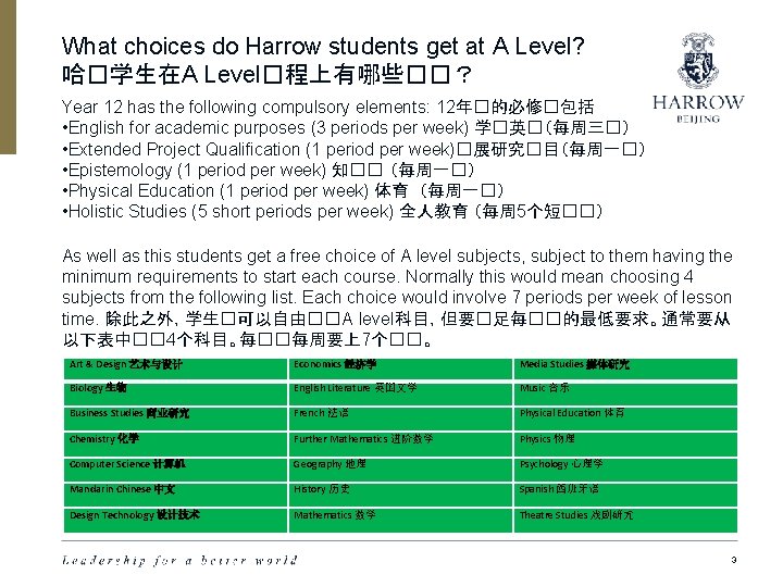 What choices do Harrow students get at A Level? 哈�学生在A Level�程上有哪些��？ Year 12 has