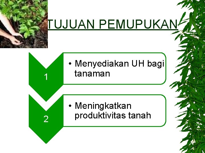 TUJUAN PEMUPUKAN 1 • Menyediakan UH bagi tanaman 2 • Meningkatkan produktivitas tanah 