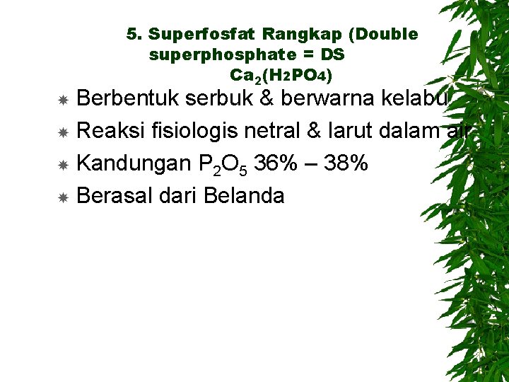 5. Superfosfat Rangkap (Double superphosphate = DS Ca 2(H 2 PO 4) Berbentuk serbuk