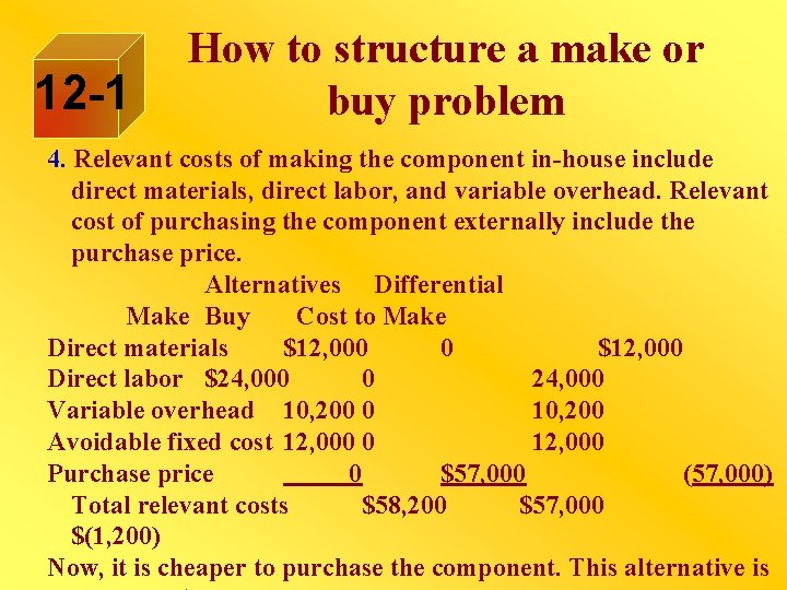 12 -1 How to structure a make or buy problem 4. Relevant costs of