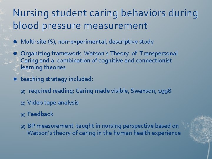 Nursing student caring behaviors during blood pressure measurement Multi-site (6), non-experimental, descriptive study Organizing