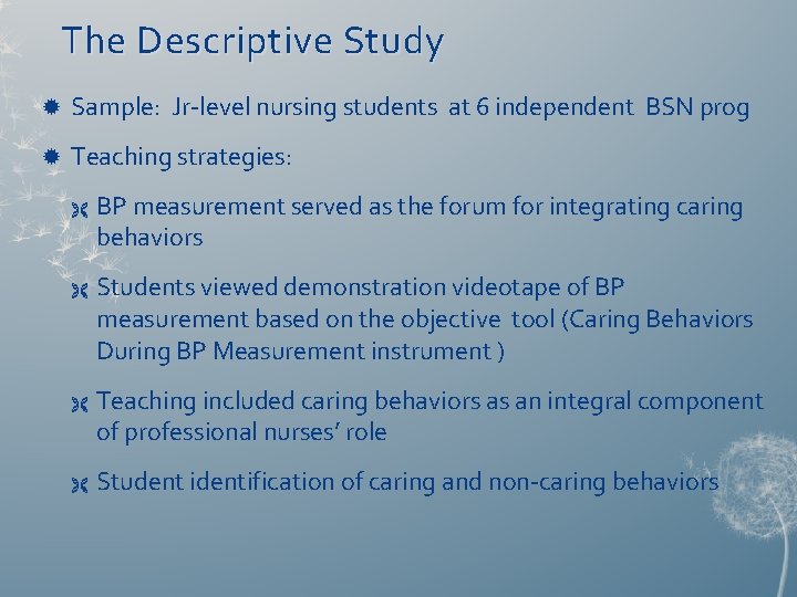 The Descriptive Study Sample: Jr-level nursing students at 6 independent BSN prog Teaching strategies: