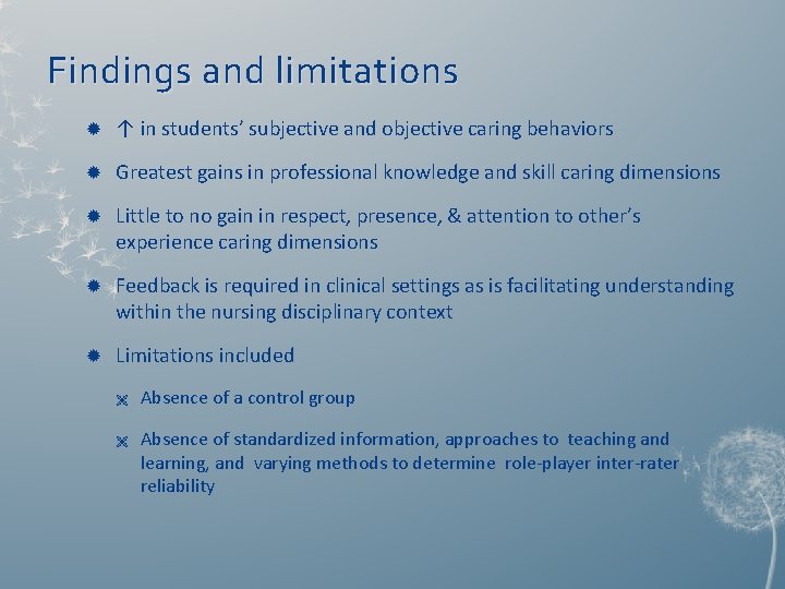 Findings and limitations ↑ in students’ subjective and objective caring behaviors Greatest gains in