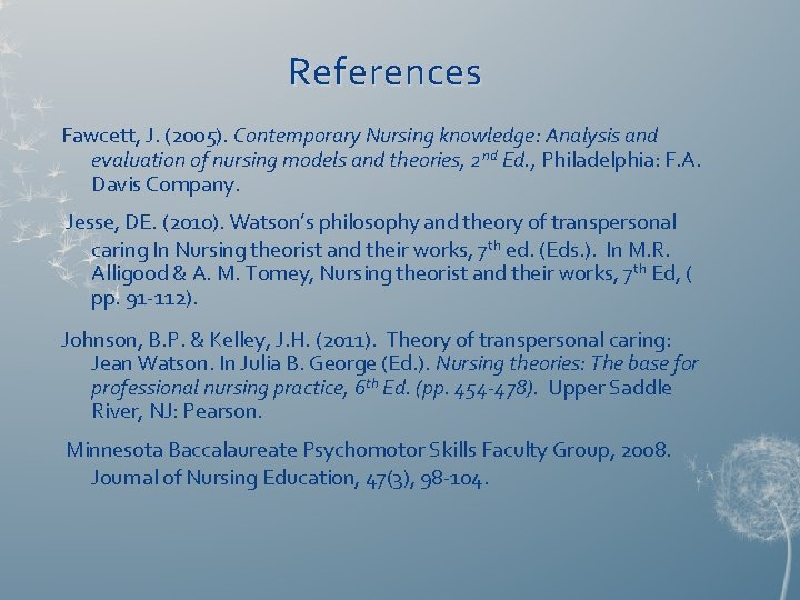 References Fawcett, J. (2005). Contemporary Nursing knowledge: Analysis and evaluation of nursing models and