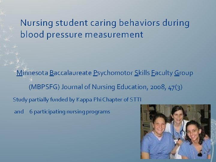 Nursing student caring behaviors during blood pressure measurement Minnesota Baccalaureate Psychomotor Skills Faculty Group