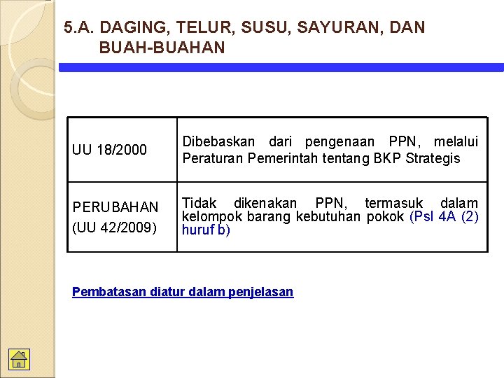 5. A. DAGING, TELUR, SUSU, SAYURAN, DAN BUAH-BUAHAN UU 18/2000 Dibebaskan dari pengenaan PPN,