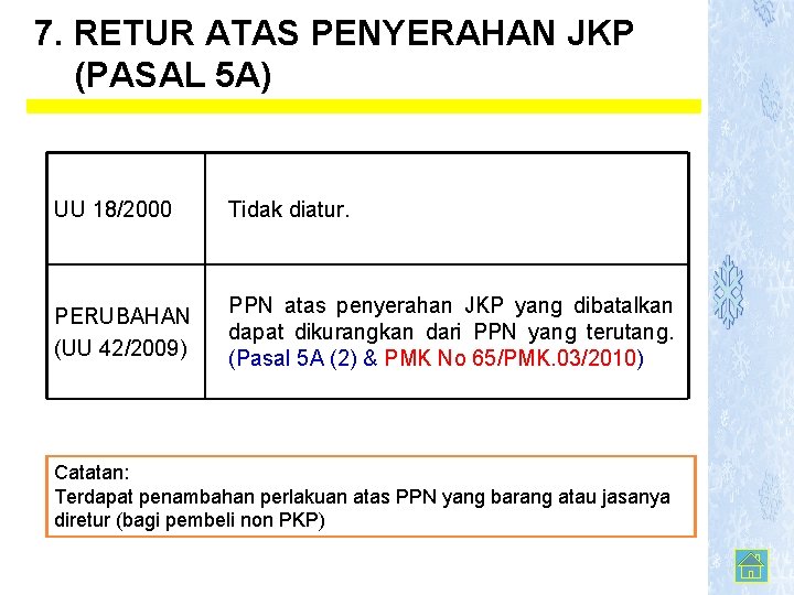 7. RETUR ATAS PENYERAHAN JKP (PASAL 5 A) UU 18/2000 Tidak diatur. PERUBAHAN (UU