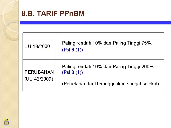 8. B. TARIF PPn. BM UU 18/2000 PERUBAHAN (UU 42/2009) Paling rendah 10% dan