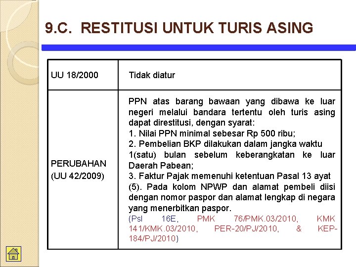 9. C. RESTITUSI UNTUK TURIS ASING UU 18/2000 PERUBAHAN (UU 42/2009) Tidak diatur PPN
