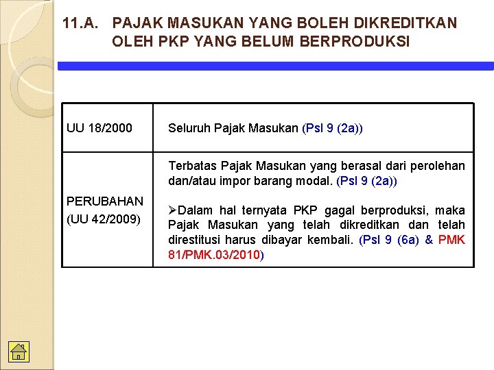 11. A. PAJAK MASUKAN YANG BOLEH DIKREDITKAN OLEH PKP YANG BELUM BERPRODUKSI UU 18/2000