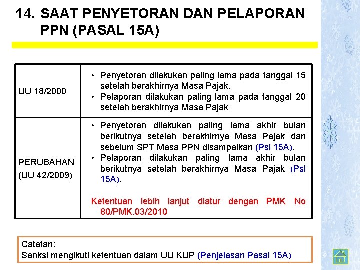 14. SAAT PENYETORAN DAN PELAPORAN PPN (PASAL 15 A) UU 18/2000 PERUBAHAN (UU 42/2009)