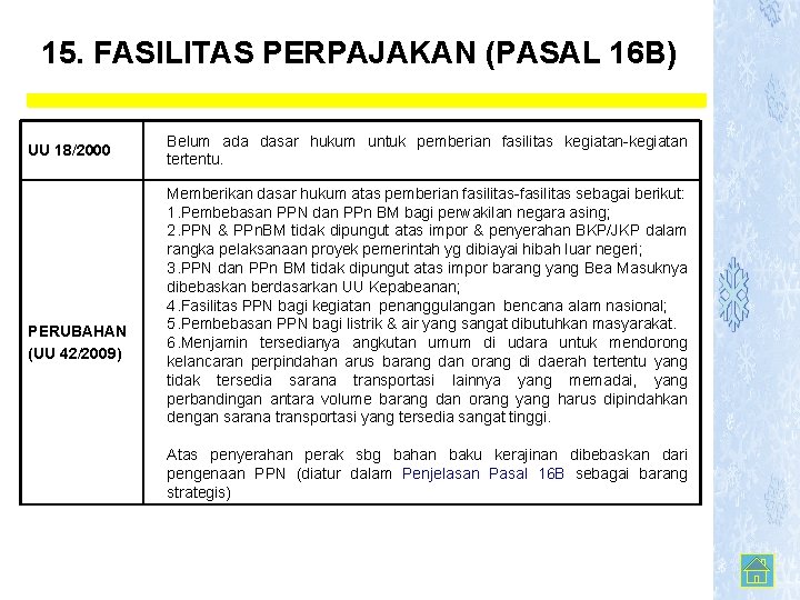 15. FASILITAS PERPAJAKAN (PASAL 16 B) UU 18/2000 PERUBAHAN (UU 42/2009) Belum ada dasar