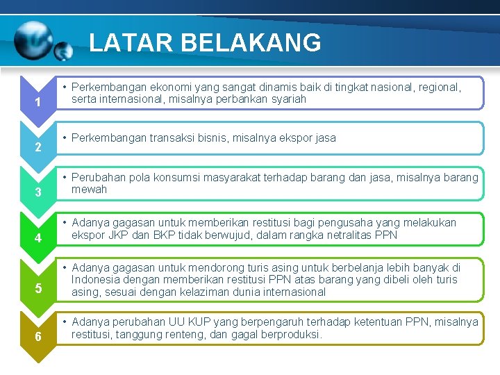 LATAR BELAKANG 1 2 • Perkembangan ekonomi yang sangat dinamis baik di tingkat nasional,