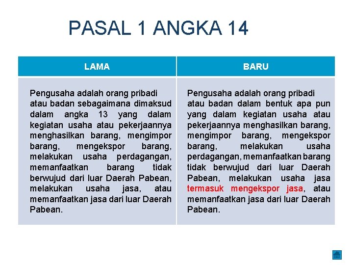 PASAL 1 ANGKA 14 LAMA Pengusaha adalah orang pribadi atau badan sebagaimana dimaksud dalam