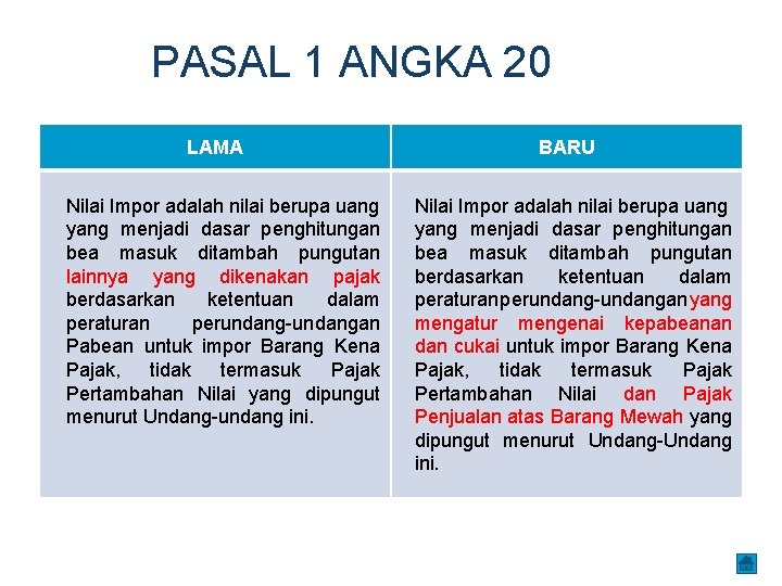 PASAL 1 ANGKA 20 LAMA Nilai Impor adalah nilai berupa uang yang menjadi dasar