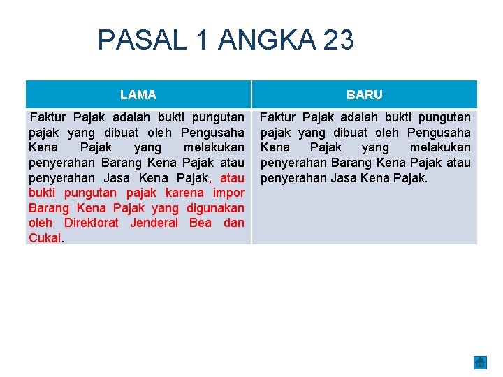 PASAL 1 ANGKA 23 LAMA BARU Faktur Pajak adalah bukti pungutan pajak yang dibuat