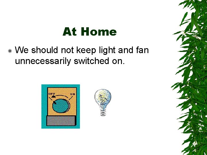 At Home We should not keep light and fan unnecessarily switched on. 