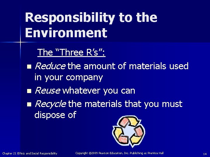 Responsibility to the Environment The “Three R’s”: n Reduce the amount of materials used