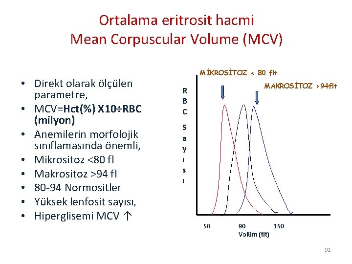 Ortalama eritrosit hacmi Mean Corpuscular Volume (MCV) • Direkt olarak ölçülen parametre, • MCV=Hct(%)