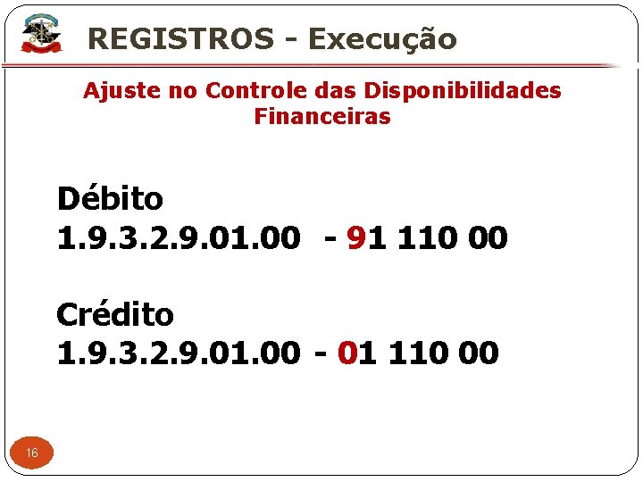 X REGISTROS - Execução Ajuste no Controle das Disponibilidades Financeiras Débito 1. 9. 3.
