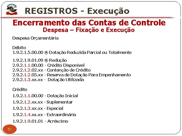 X REGISTROS - Execução Encerramento das Contas de Controle Despesa – Fixação e Execução