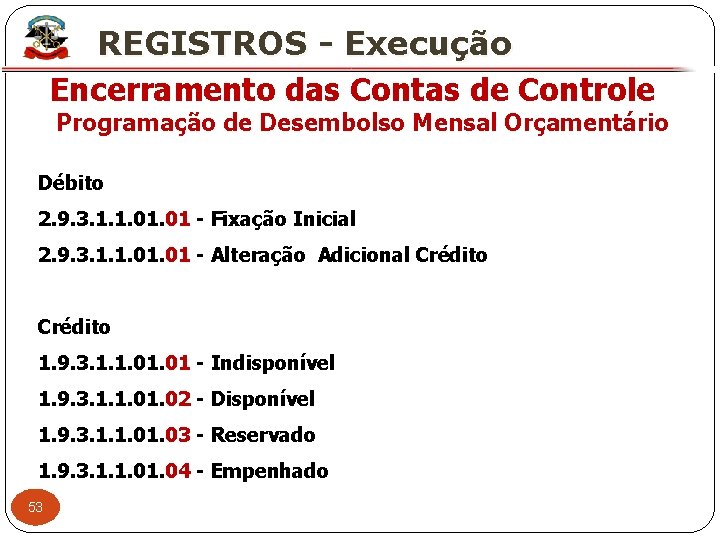 X REGISTROS - Execução Encerramento das Contas de Controle Programação de Desembolso Mensal Orçamentário