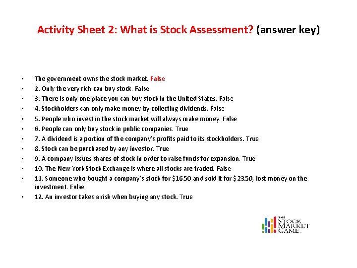 Activity Sheet 2: What is Stock Assessment? (answer key) • • • The government Activity Sheet 2: What is Stock Assessment? (answer key) • • • The government