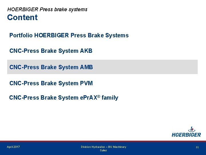 HOERBIGER Press brake systems Content Portfolio HOERBIGER Press Brake Systems CNC-Press Brake System AKB