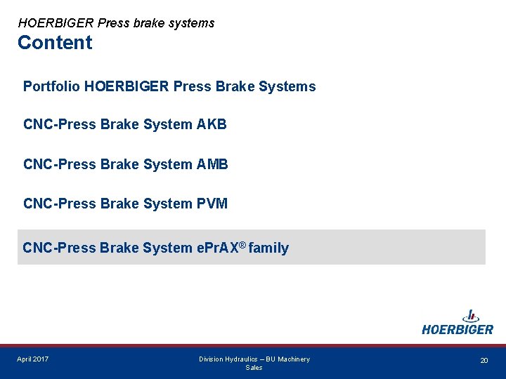 HOERBIGER Press brake systems Content Portfolio HOERBIGER Press Brake Systems CNC-Press Brake System AKB