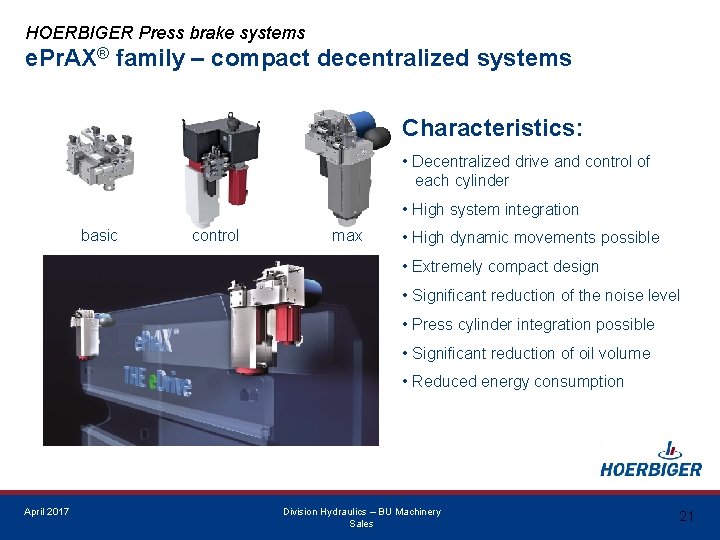 HOERBIGER Press brake systems e. Pr. AX® family – compact decentralized systems Characteristics: •