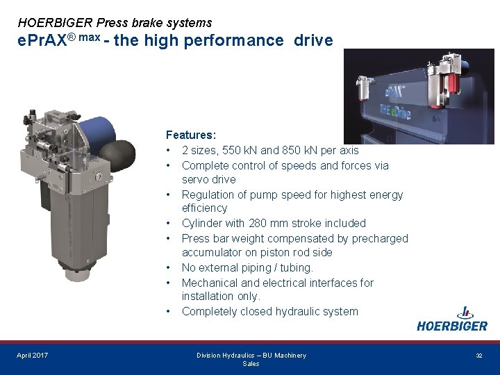 HOERBIGER Press brake systems e. Pr. AX® max - the high performance drive Features: