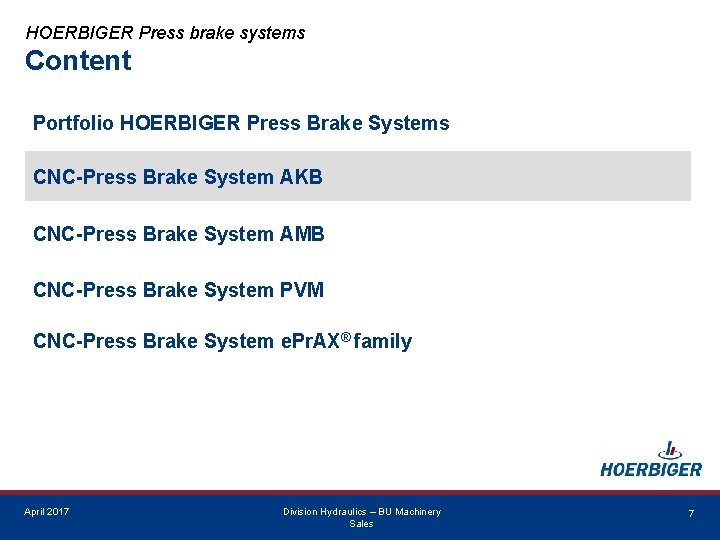 HOERBIGER Press brake systems Content Portfolio HOERBIGER Press Brake Systems CNC-Press Brake System AKB