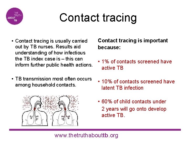 Contact tracing • Contact tracing is usually carried out by TB nurses. Results aid