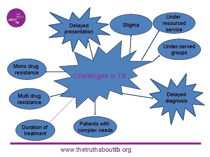 Delayed presentation Stigma Under resourced service Under-served groups Mono drug resistance Challenges in TB