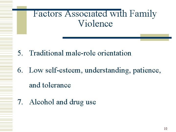 Factors Associated with Family Violence 5. Traditional male-role orientation 6. Low self-esteem, understanding, patience,