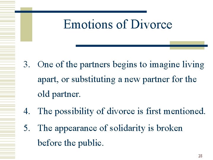 Emotions of Divorce 3. One of the partners begins to imagine living apart, or