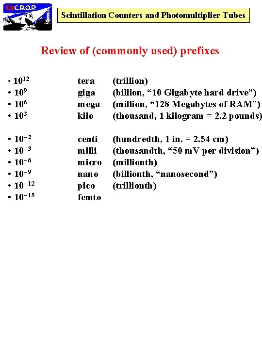 Scintillation Counters and Photomultiplier Tubes Review of (commonly used) prefixes • 1012 • 109