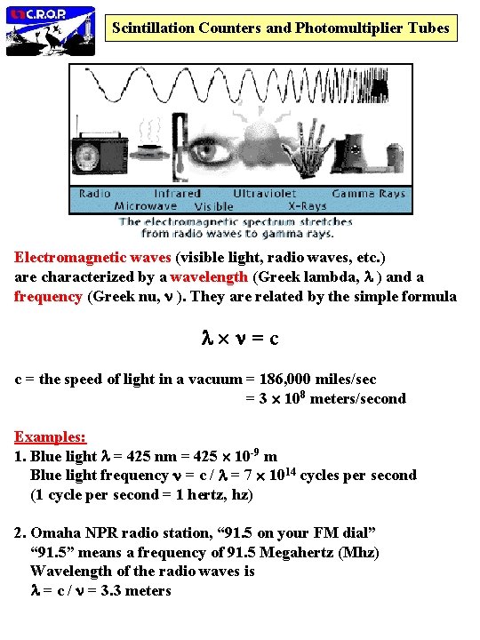 Scintillation Counters and Photomultiplier Tubes Electromagnetic waves (visible light, radio waves, etc. ) are