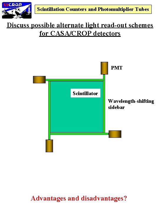 Scintillation Counters and Photomultiplier Tubes Discuss possible alternate light read-out schemes for CASA/CROP detectors