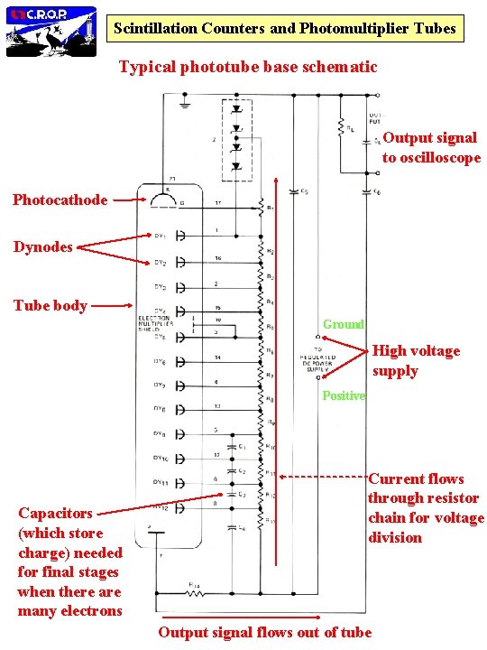 Scintillation Counters and Photomultiplier Tubes Typical phototube base schematic Output signal to oscilloscope Photocathode