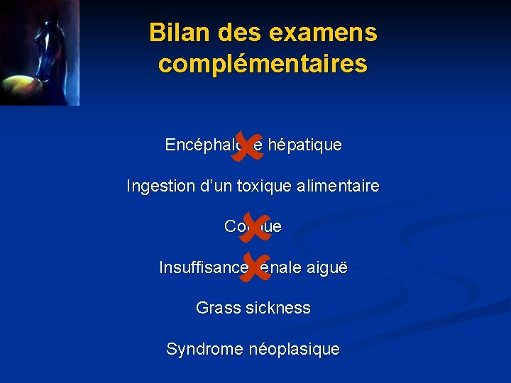 Bilan des examens complémentaires Encéphalose hépatique Ingestion d’un toxique alimentaire Colique Insuffisance rénale aiguë