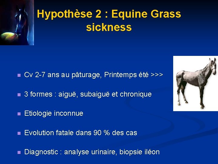 Hypothèse 2 : Equine Grass sickness n Cv 2 -7 ans au pâturage, Printemps