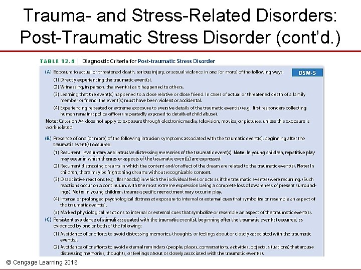 Trauma- and Stress-Related Disorders: Post-Traumatic Stress Disorder (cont’d. ) © Cengage Learning 2016 