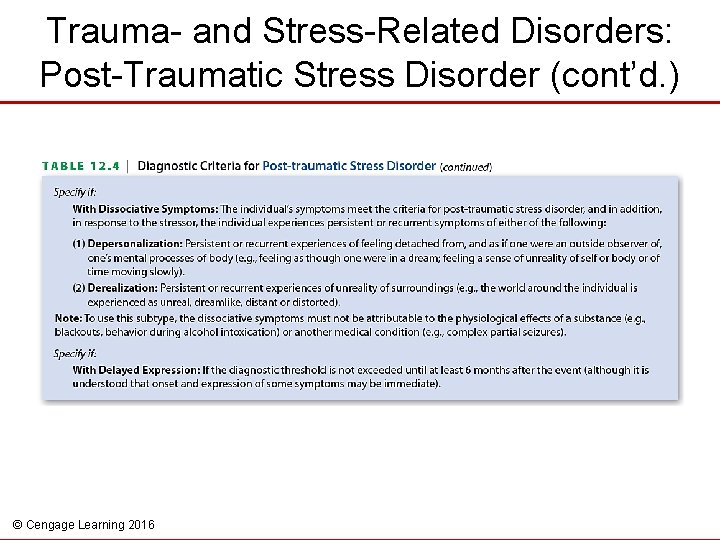 Trauma- and Stress-Related Disorders: Post-Traumatic Stress Disorder (cont’d. ) © Cengage Learning 2016 