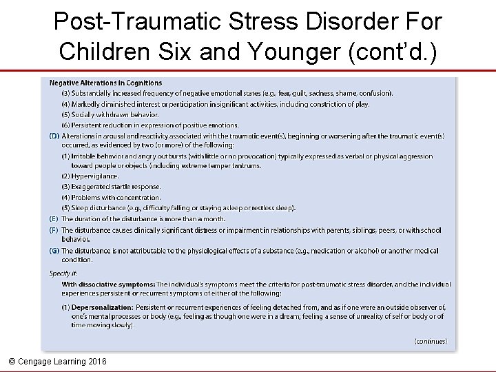 Post-Traumatic Stress Disorder For Children Six and Younger (cont’d. ) © Cengage Learning 2016