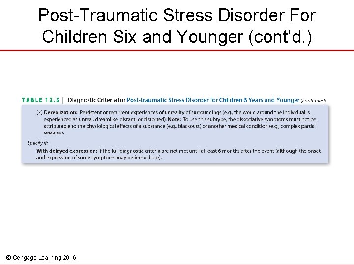 Post-Traumatic Stress Disorder For Children Six and Younger (cont’d. ) © Cengage Learning 2016