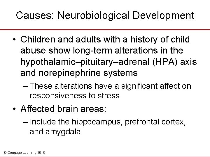 Causes: Neurobiological Development • Children and adults with a history of child abuse show