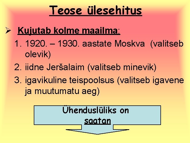 Teose ülesehitus Ø Kujutab kolme maailma: 1. 1920. – 1930. aastate Moskva (valitseb olevik)